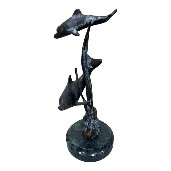 Vintage SPI Bronze Dolphin Sculpture On Marble By San Pacific Intl Coastal Beach - Picture 1 of 8